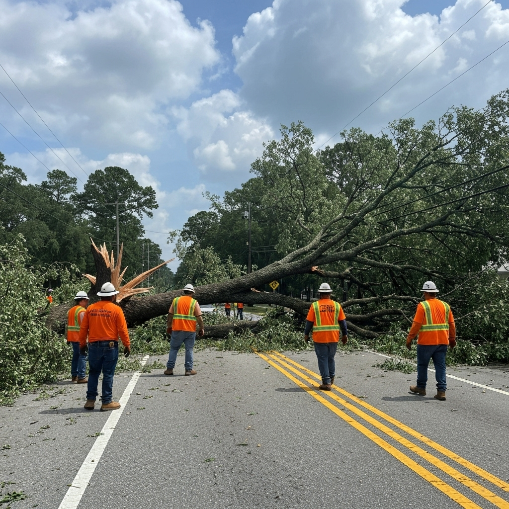 Emergency tree removal crew working on storm damaged tree blocking road in Tallahassee, Florida